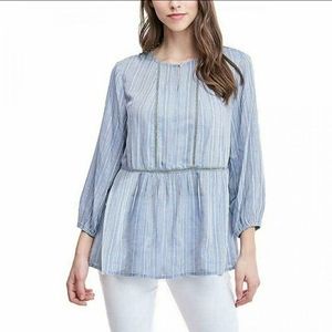 NWT FEVER Striped Peasant Top with Long Sleeve in Light Blue